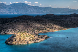 Panorama on Spinalonga Kalydon, Elounda Bay and Frourio Spinalogkas Fortress on Crete, Greece
